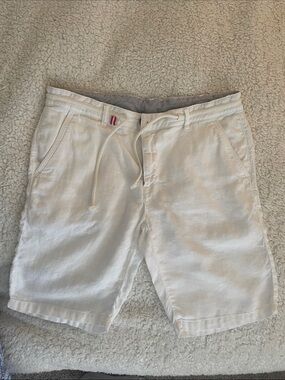 Men's White Flat Front Linen-Blend Drawstring Shorts
